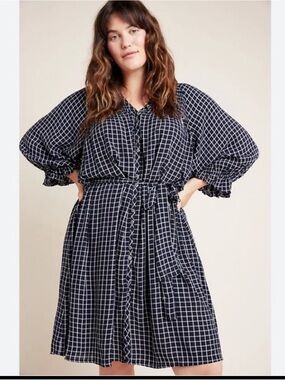 Maeve Anthropologie Sara Smocked Shirtdress Navy Plaid XL